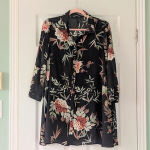 Zara Black Floral Button-Up Tunic with Pink and Sage Accents